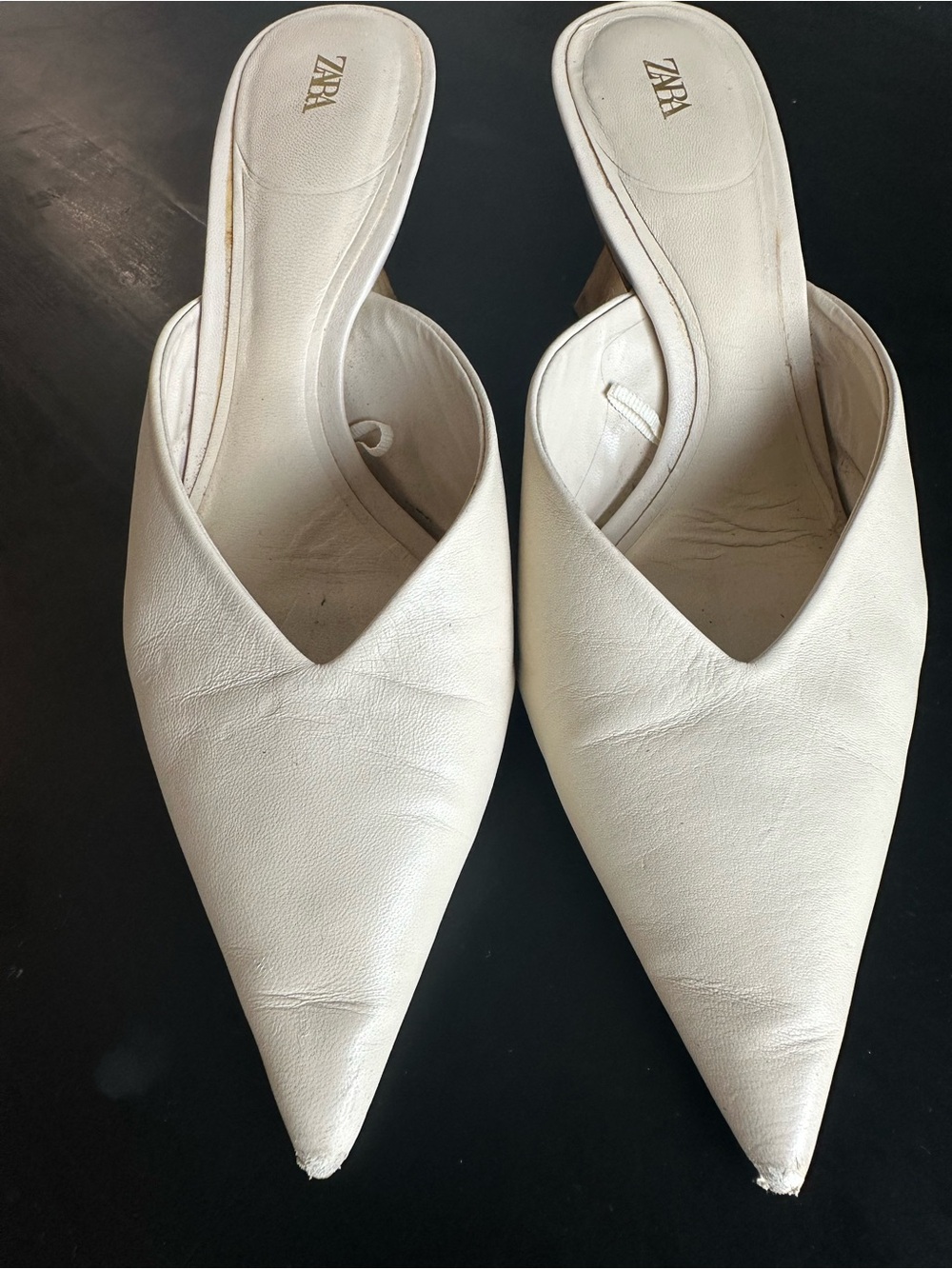 Zara Cream Pointed Leather Mule Slides